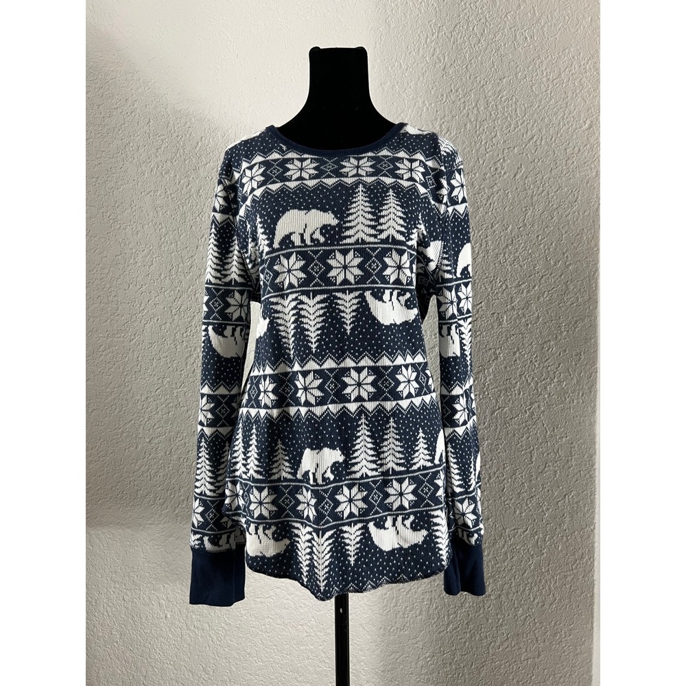 Old Navy Fair Isle Bear Pine Tree Thermal Waffle Knit Pullover Sweater Navy XL